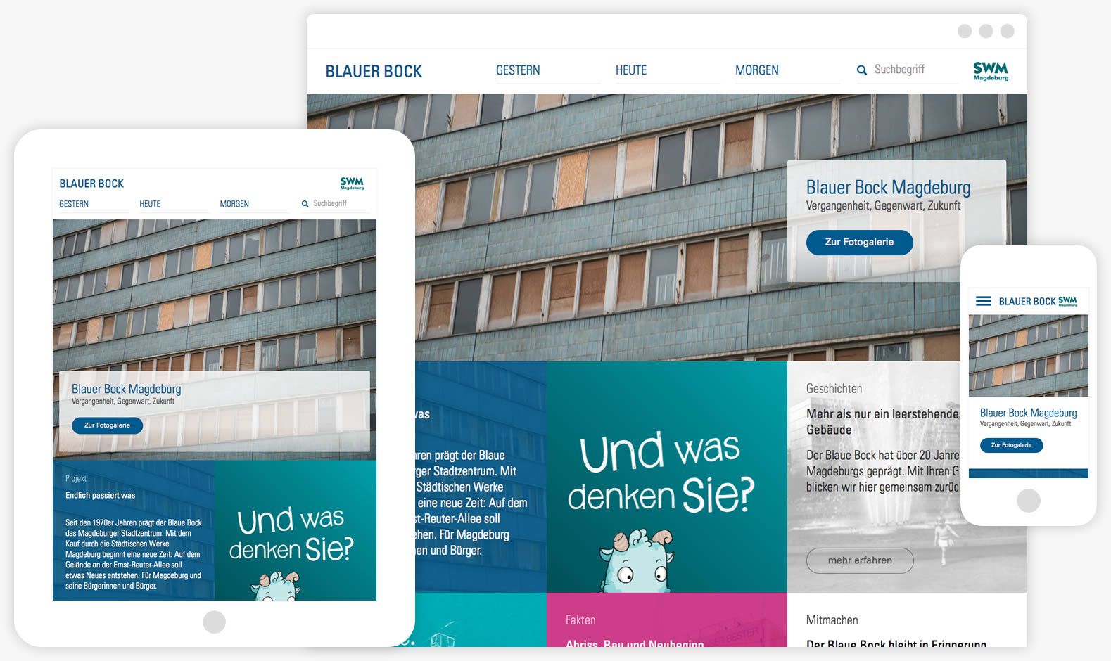 Ansicht der Webseite Blauer Bock auf Tablet, Desktop und Smartphone.
