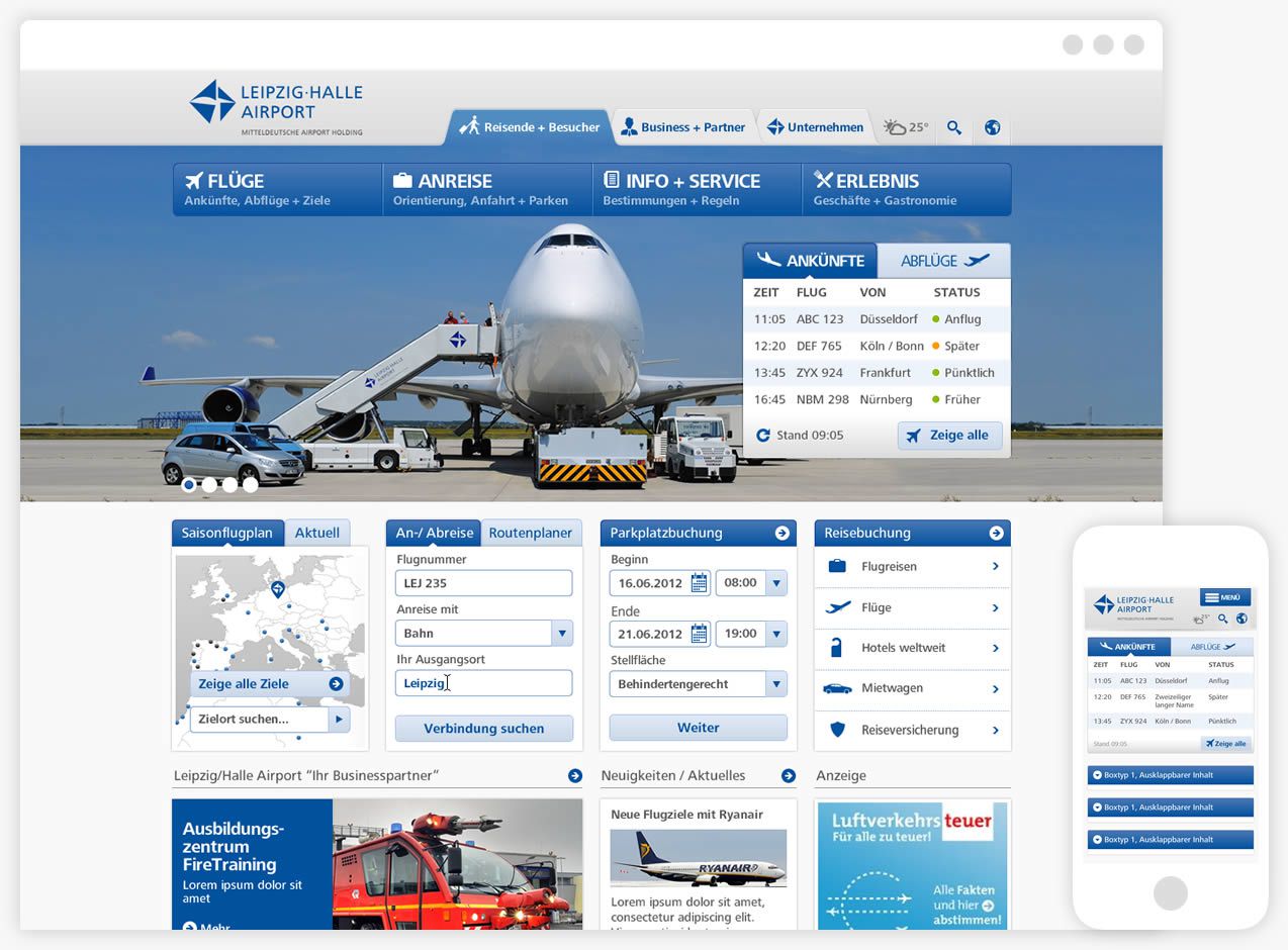 Ansicht der Startseite des Webportals Airport Leipzig/Halle auf dem Smartphone