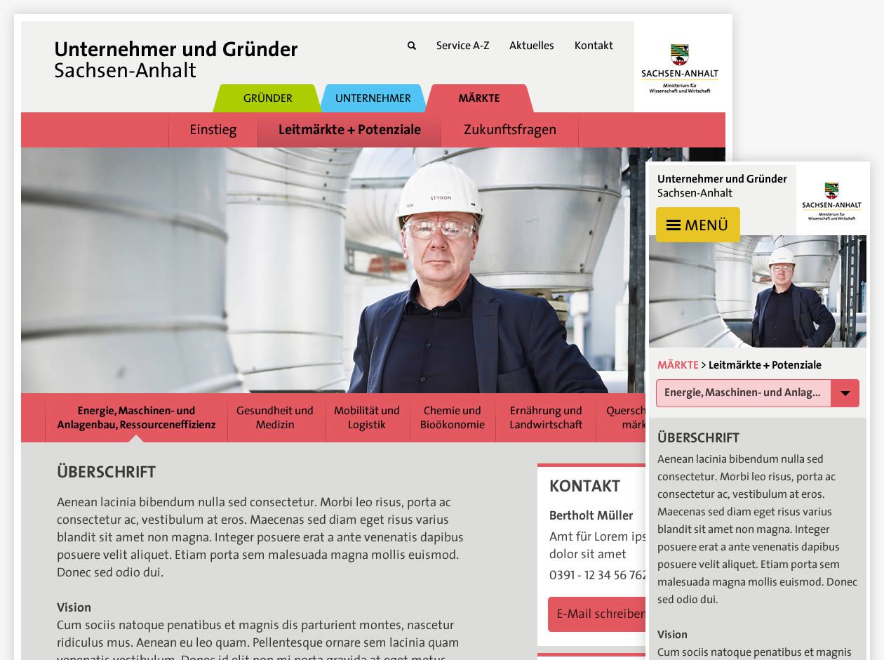 Ansicht des Webportals Unternehmer und Gründer Sachsen-Anhalt auf Desktop und Smartphone.