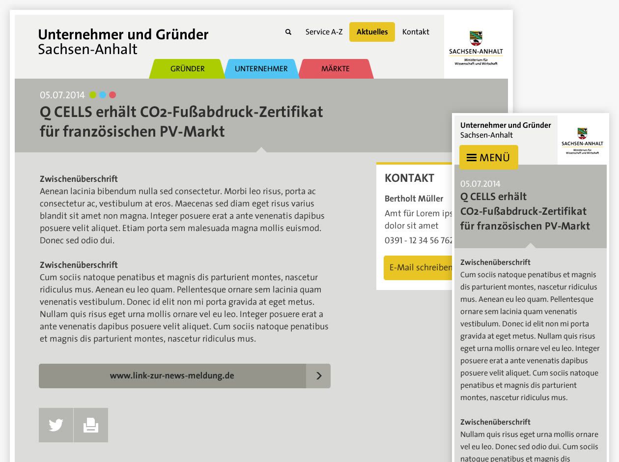 Ansicht Unterseiten des Ansicht des Webportals Unternehmer und Gründer Sachsen-Anhalt.