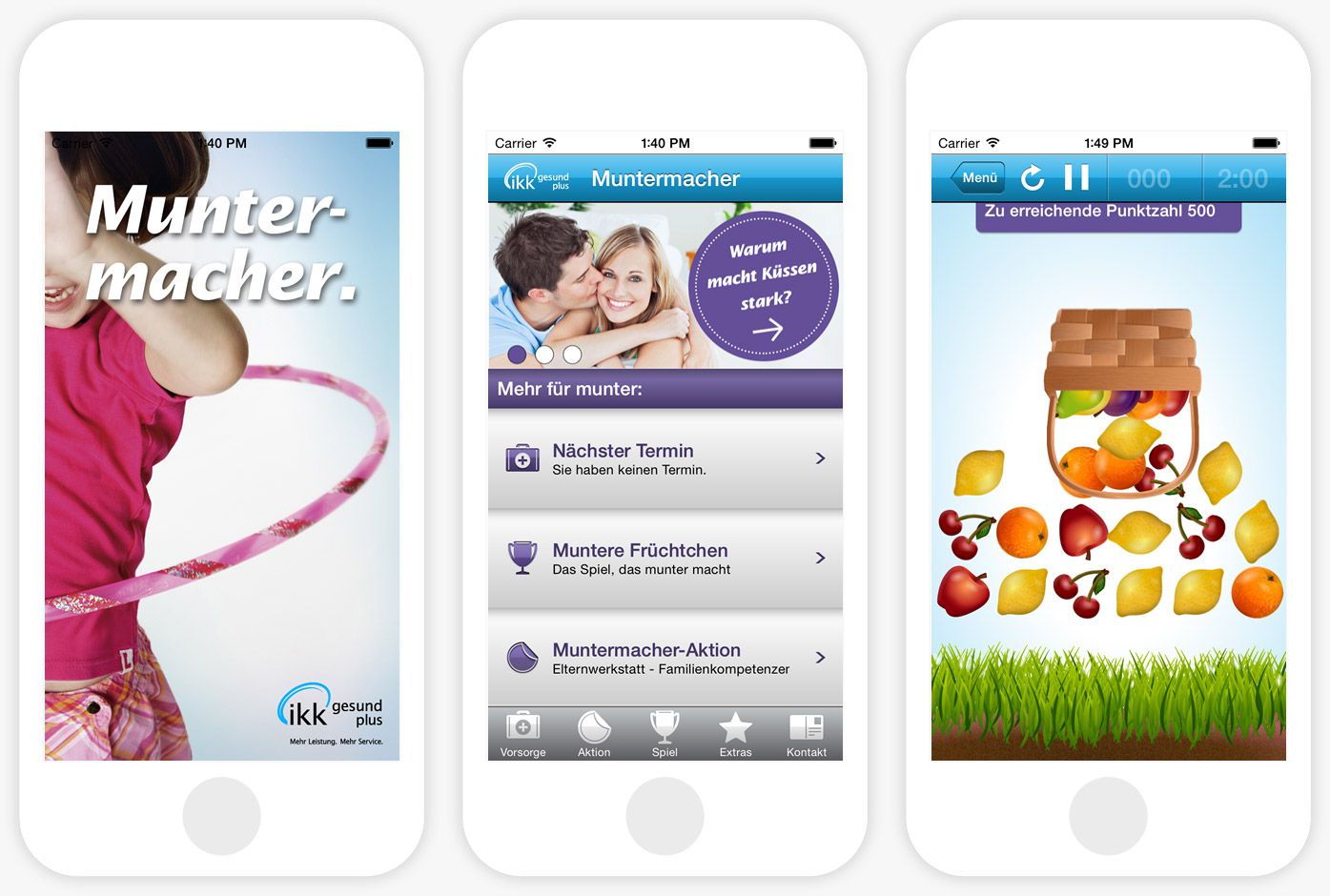Drei Ansichten der IKK Muntermacher App für iOS und Android.
