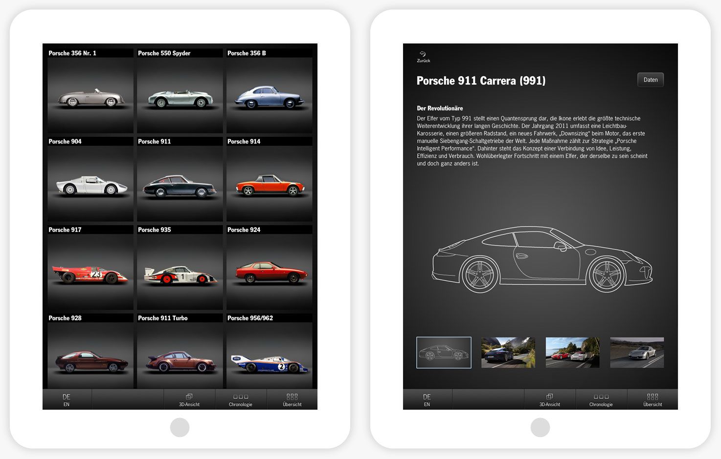 Zwei Ansichten der von uns entwickelten iOS iPad App für den Porsche Pavillion.