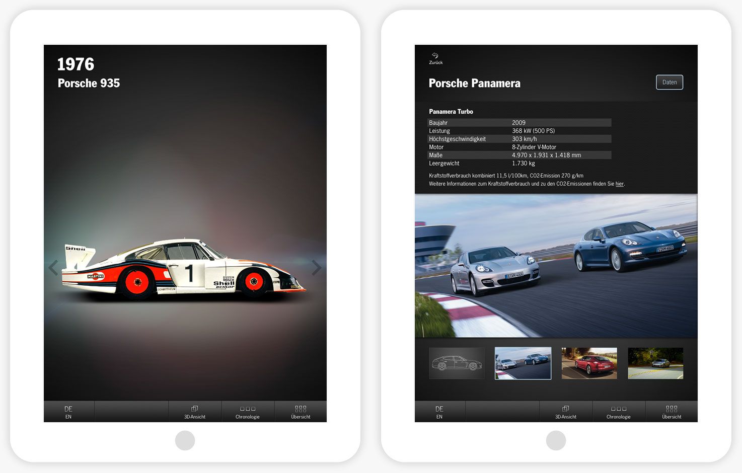 Zwei weitere Ansichten der von uns entwickelten iOS iPad App für den Porsche Pavillion.