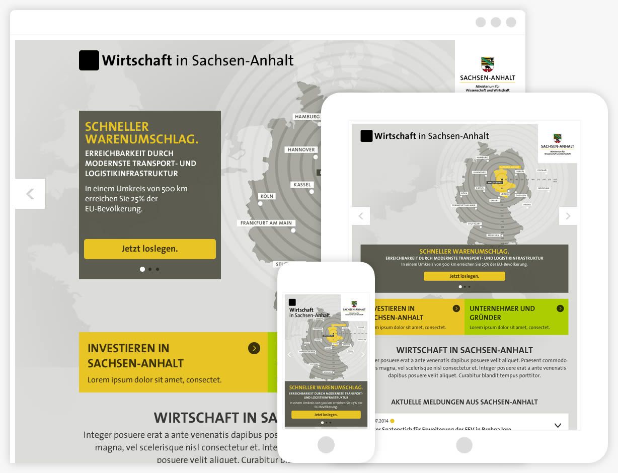 Ansicht des Webportals Unternehmer und Gründer Sachsen-Anhalt auf Smartphone, Tablet und Desktop.