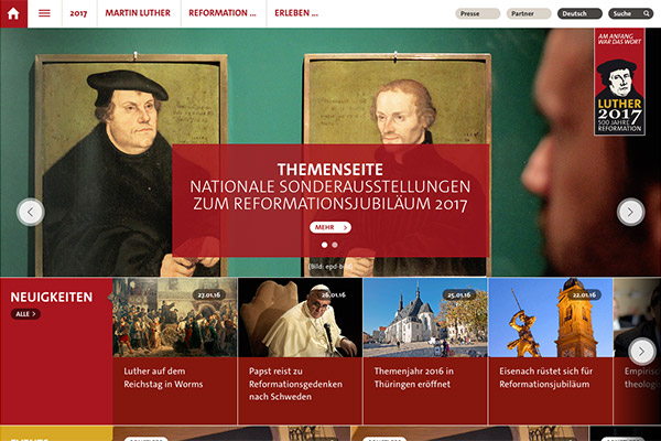Ansicht des TYPO3 Webportals zum Reformationsjubiläum Luther 2017.